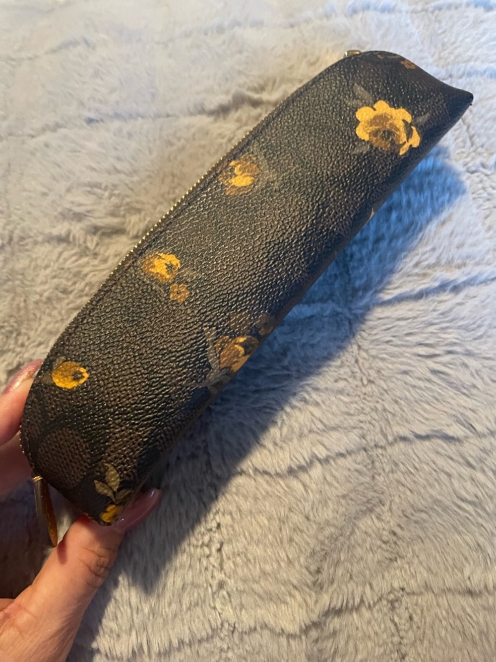 Coach Black Floral Zip Pencil  Case with Yellow Rose Print